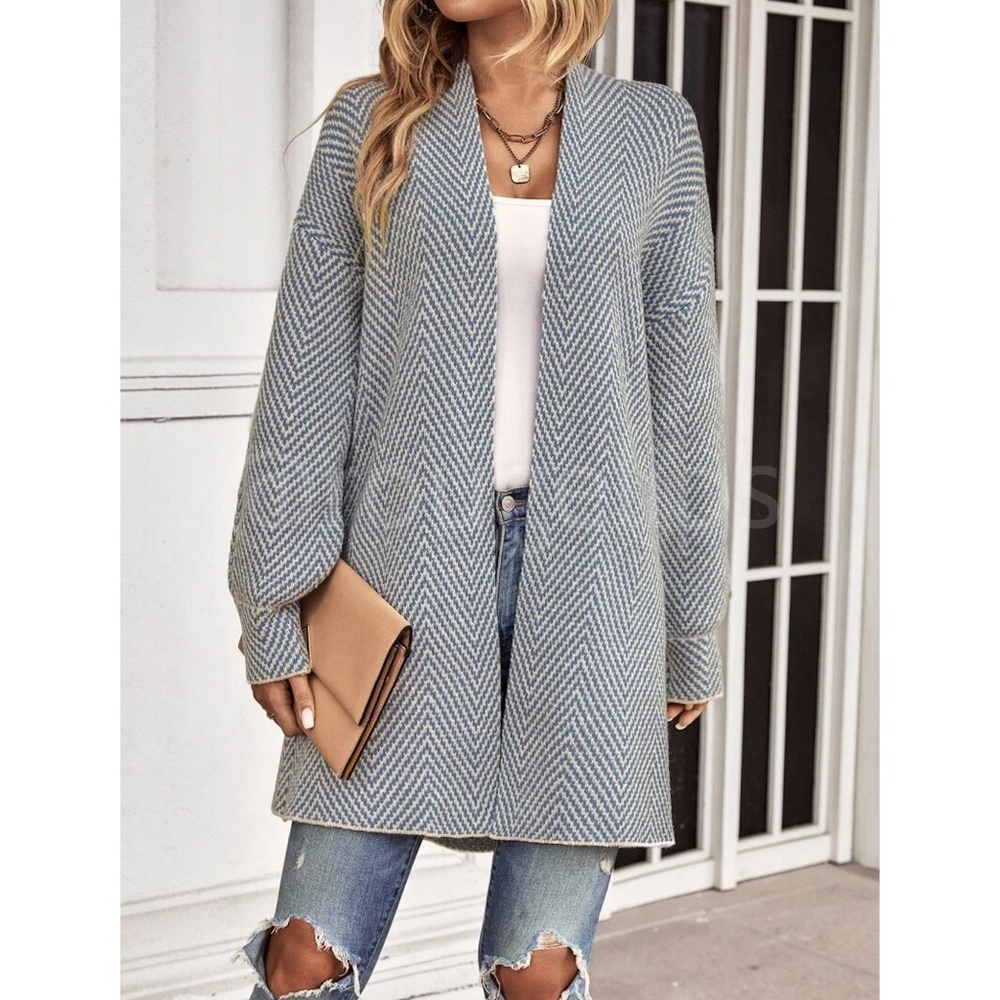 Knit Chevron Open Cardigan Bishop Sleeves Hip Length Dusty Blue on Off White - Picture 3 of 10